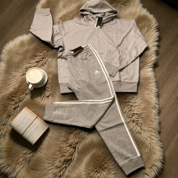 NWT ADIDAS 2 PC HOODIE SWEATSHIRT AND JOGGER GREY MATCHING SET M XL OUTFIT - Picture 1 of 3